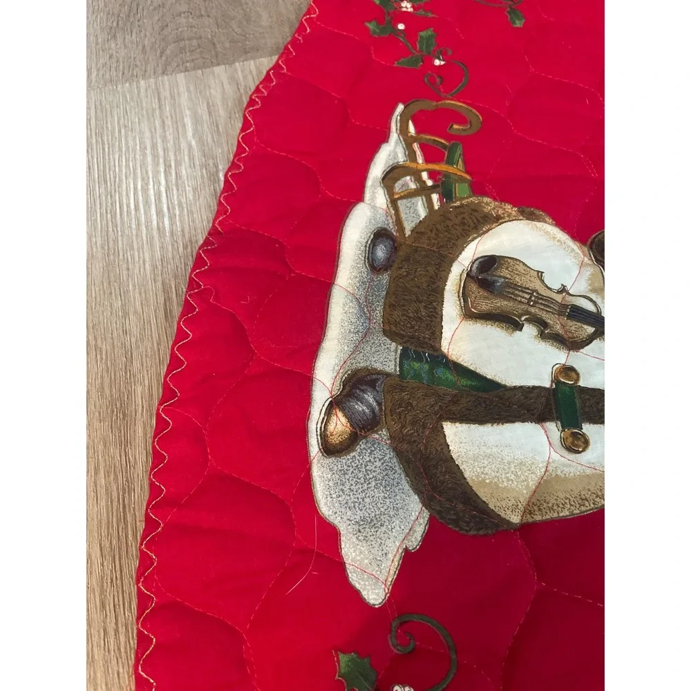Vintage 90s Red Quilted Christmas Tree Skirt Old World Santa Applique 51in Decor